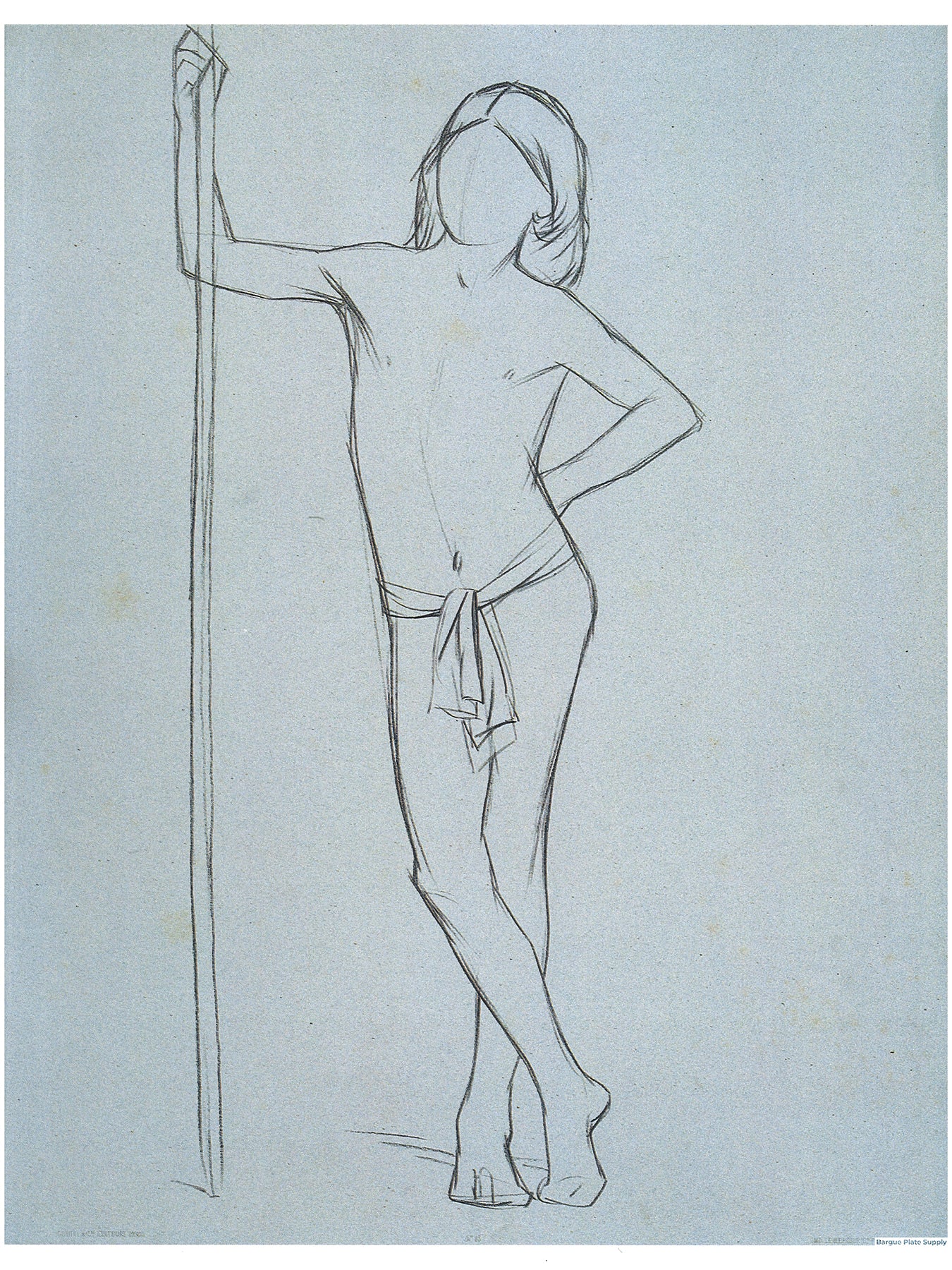 Bargue Plate 3,13. Standing young boy holding a pole, legs crossed. (Jeune garçon Jeune garçon tenant un bâton, jambes croisées.)