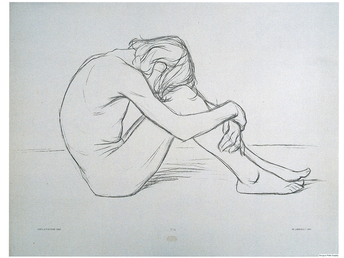 Bargue Plate 3,24. Man seated upon the ground, his head on his knees. (Homme assis sur le sol, tête sur les genoux.)