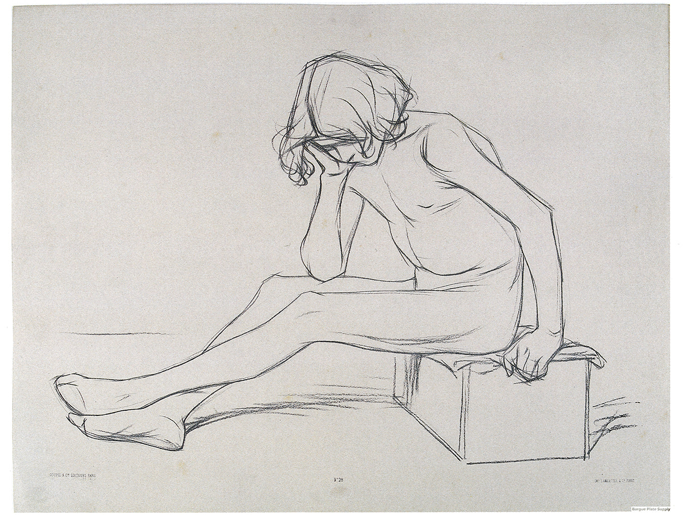 Bargue Plate 3,28. Young man seated on a box, his right hand supporting his head. (Jeune garçon, assis sur une caisse, main droite soutenant la tête.)