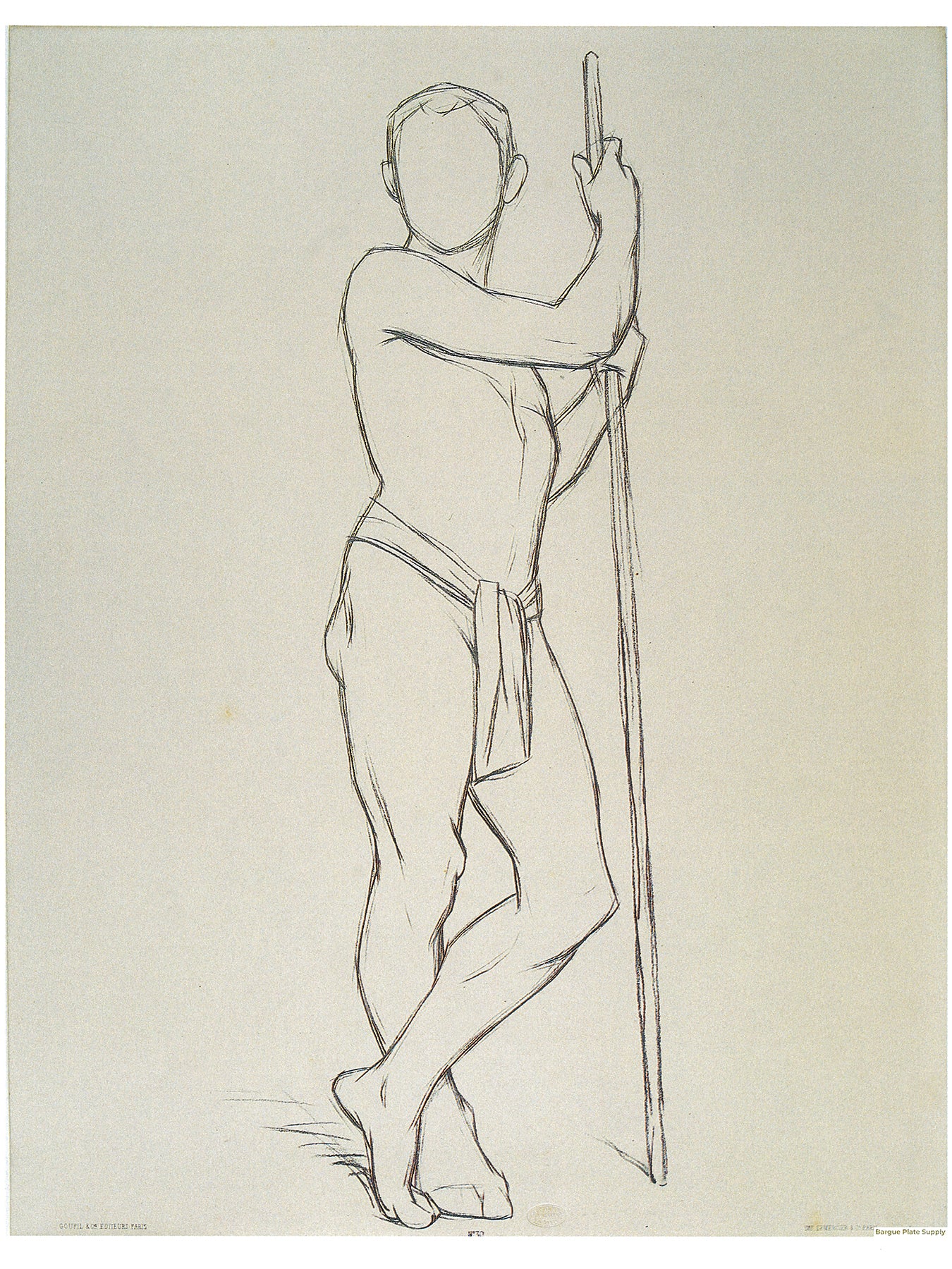Bargue Plate 3,30. Standing man in three-quarter view, holding a pole with both hands, his left leg crossed over the right (Homme debout de trois quarts, tenant un bâton à deux mains, pied guache croisé devant le pied droit.)