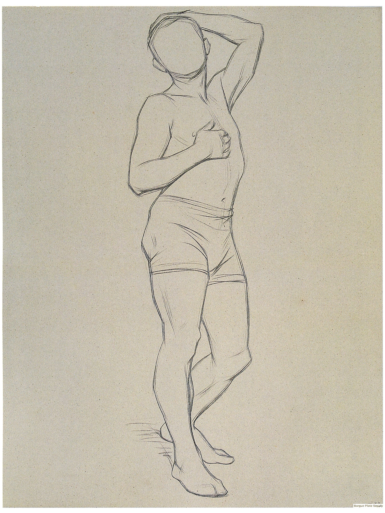 Bargue Plate 3,33. Standing man, right hand on his chest, left hand on his head. (Homme debout, main droite sur le poitrine, main gauche sur la tête.)