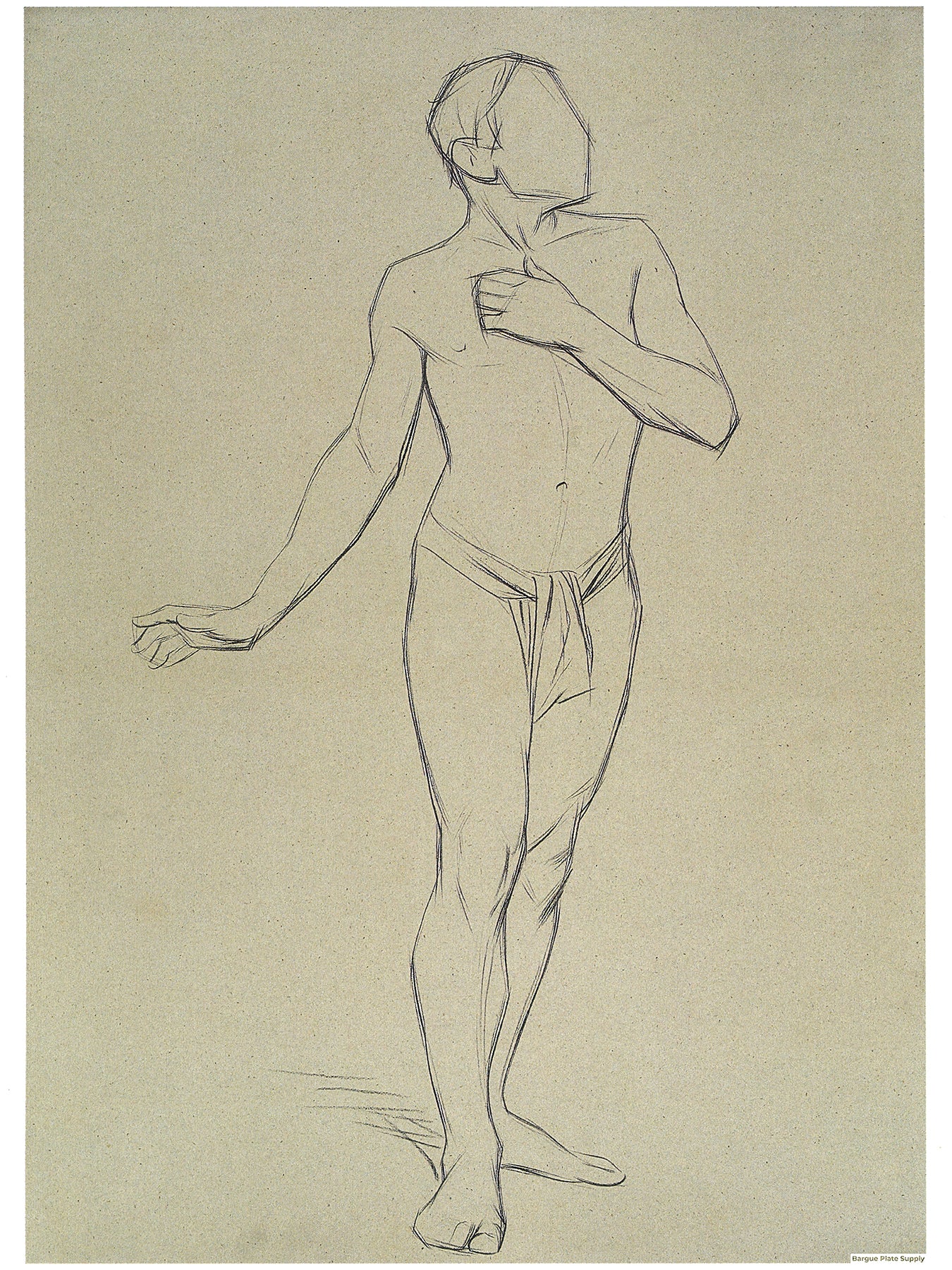 Bargue Plate 3,37. Standing man, left hand on his chest, right hand extended (Homme debout, main gauche sur la poitrine, main droite en arrière.)
