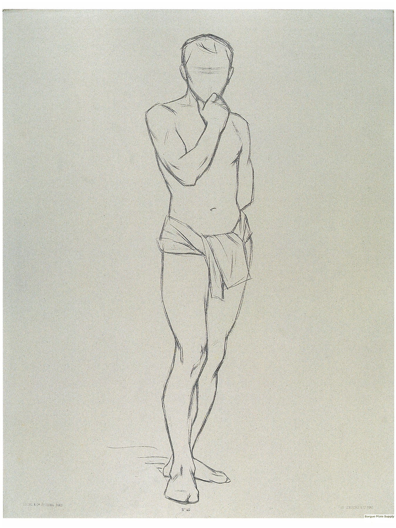 Bargue Plate 3,40. Standing man, right hand on his chin, left hand behind his back. (Homme debout, main droite sur le menton, main gauche dans le dos.)