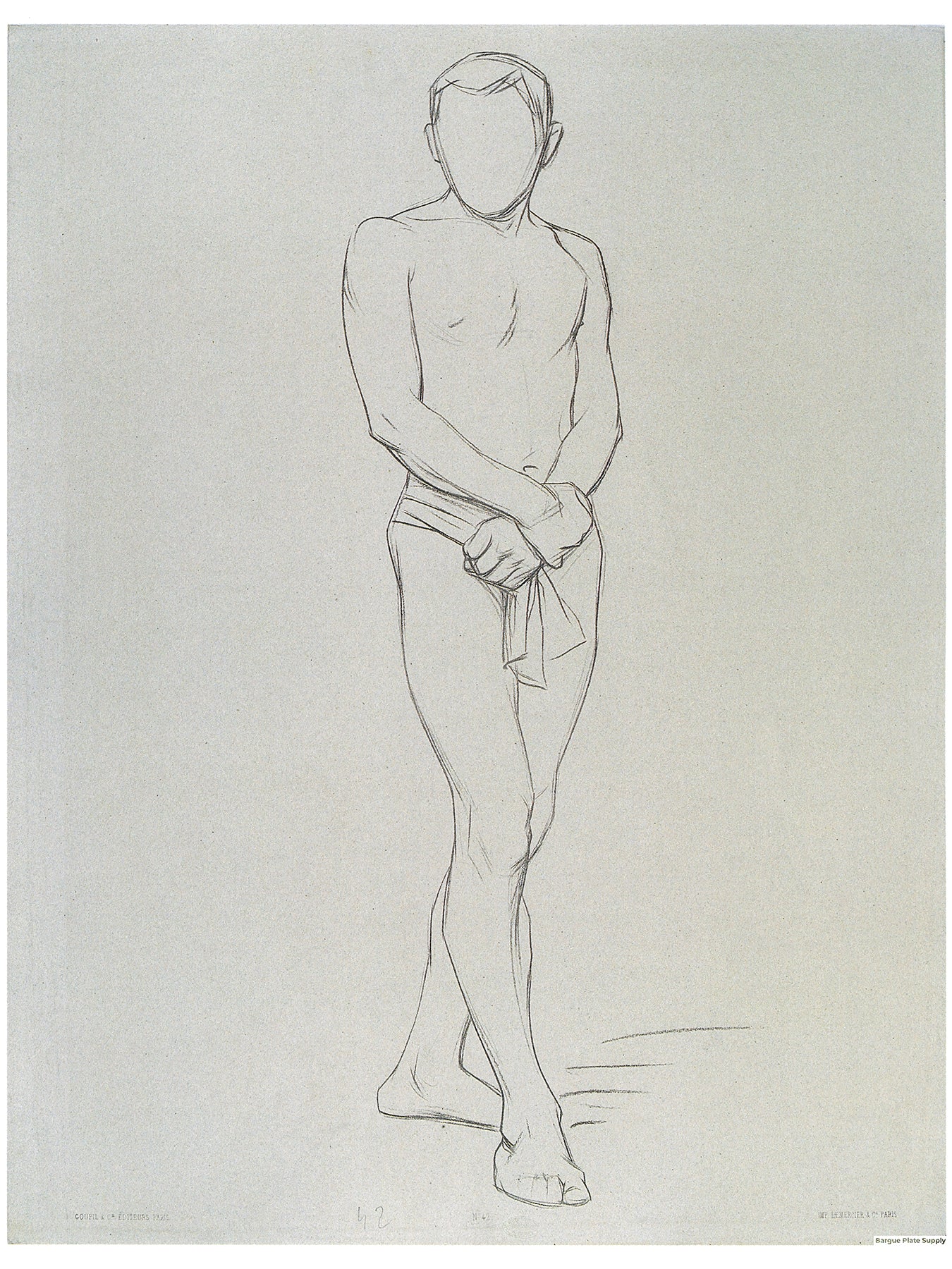 Bargue Plate 3,42. Standing young man, hands crossed over his waist. (Jeune homme debout, mains croisées sur le ventre.)