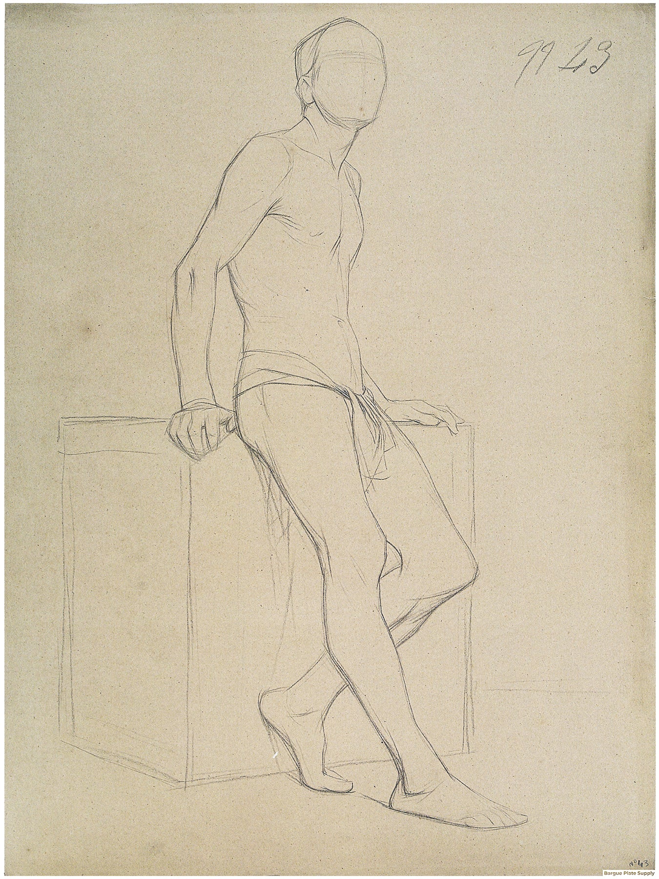 Bargue Plate 3,43. Man leaning against a stand, face lifted up. (Homme appuyé le long d'un mur, visage vers le haut.)
