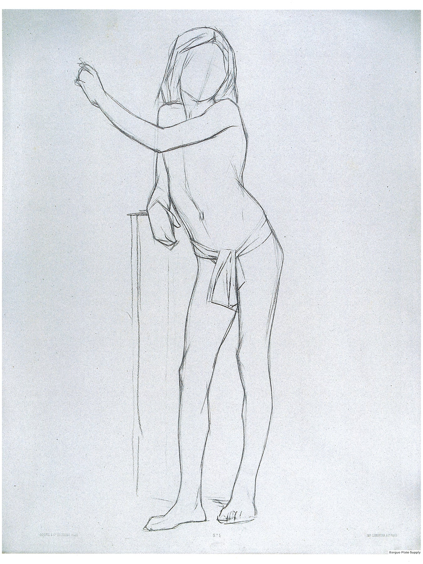 Bargue Plate 3,5. Standing young man, leaning on a box while holding up his left arm, front view. (Jeune homme debout, de face, appuyé sur un mur, levant le bras gauche.)
