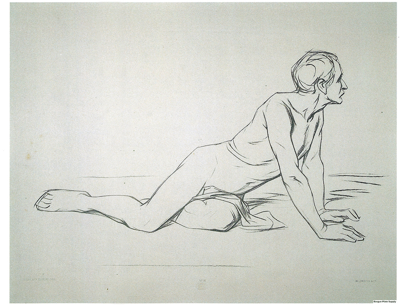Bargue Plate 3,51. Semi-prone man, holding himself up by his hands, the left leg turned back, head in profile. (Homme allongé se tenant sur les avant-bras, la jambe gauche repliée, la tête de profil.)
