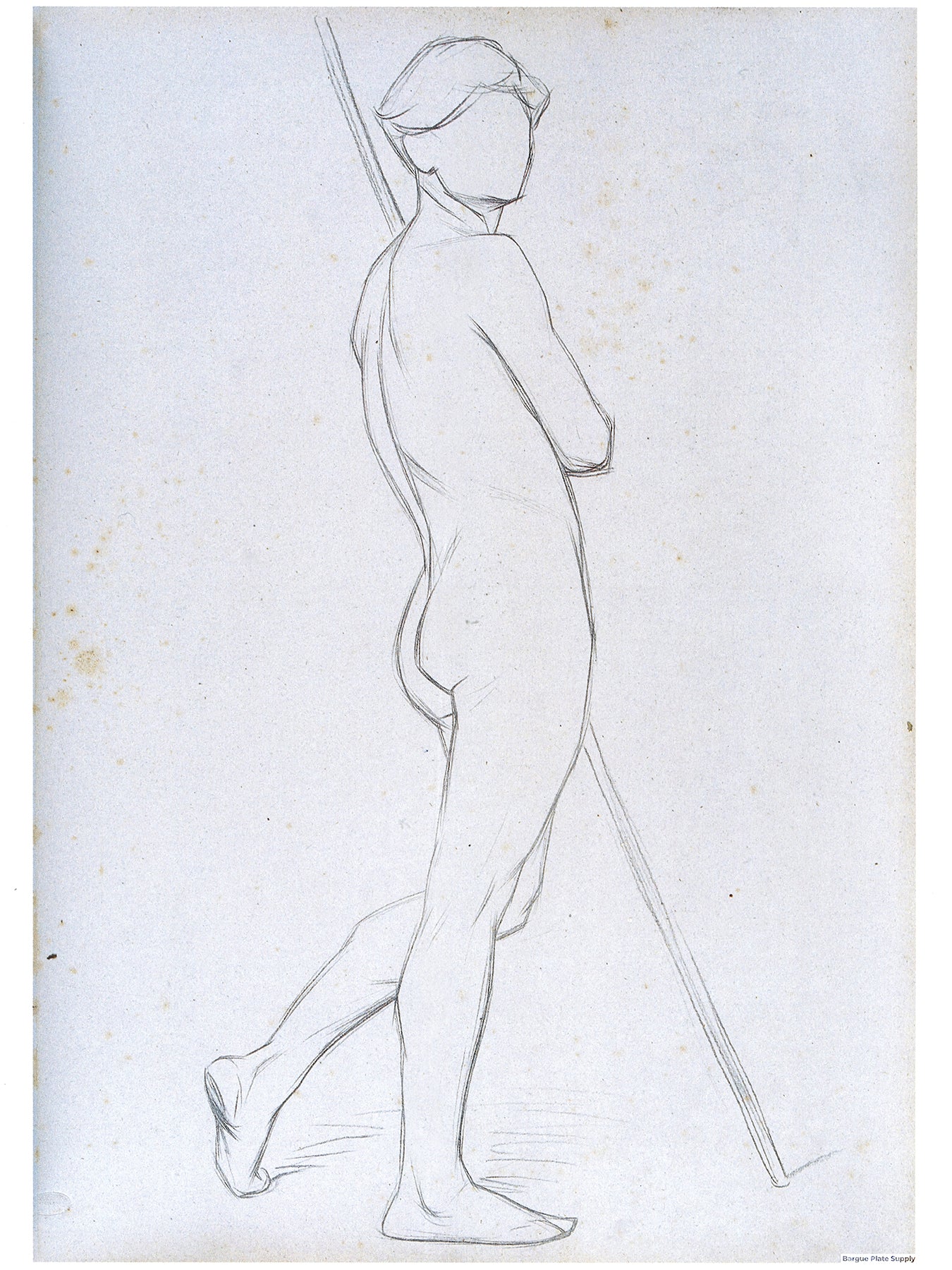 Bargue Plate 3,6. Standing young man, leaning on a pole, left leg set back, side view. (Jeune homme debout, de côté, appuyé sur un bâton, jambe gauche en arrière.)