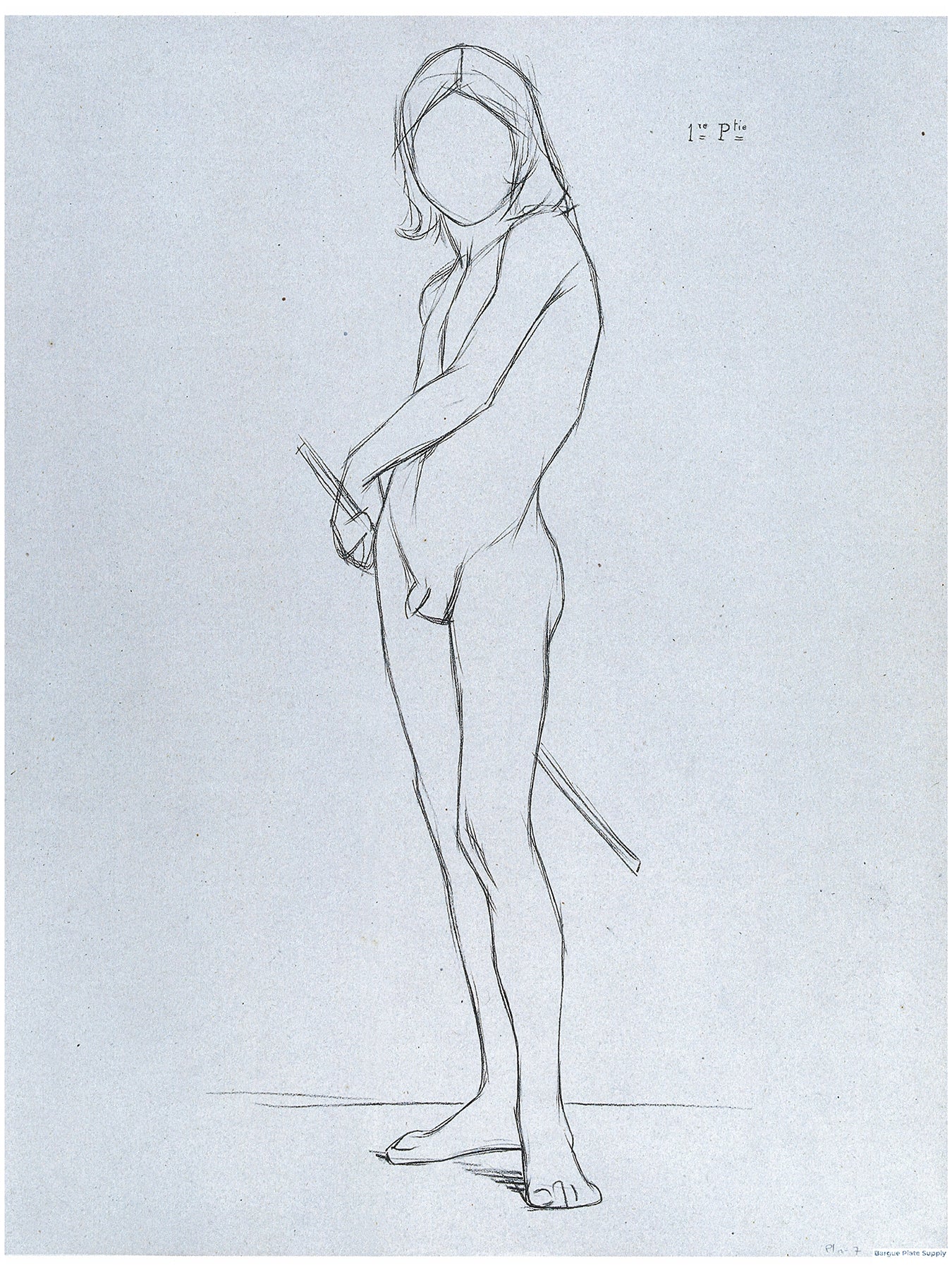 Bargue Plate 3,7. Standing young man holding a pole behind himself in his left hand. (Jeune homme debout tenant un bâton de la main gauche derrière lui.)