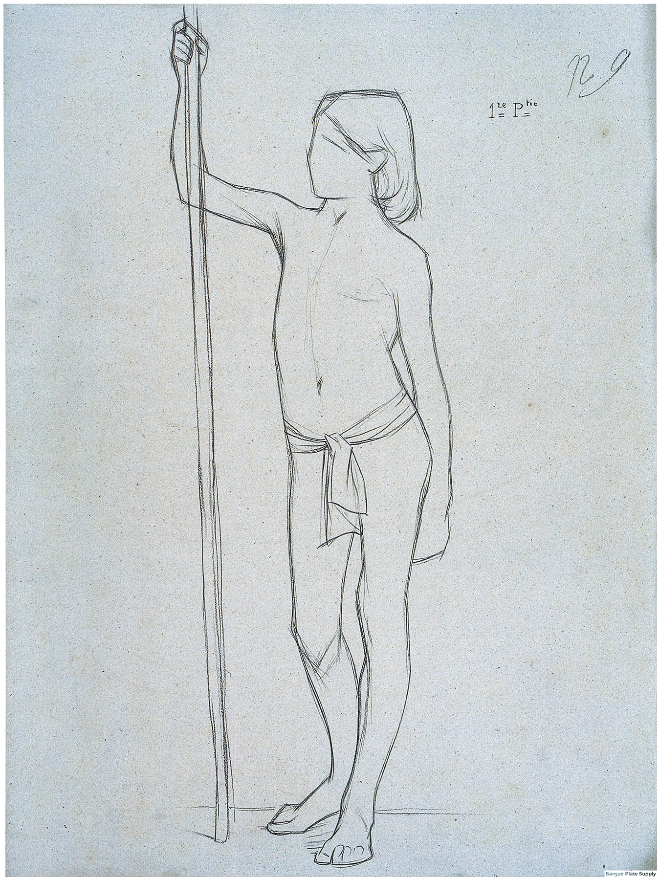 Bargue Plate 3,9. Standing young boy holding a pole, head turned toward the pole. (Jeune garçon debout tenant un bâton, tête tournée vers le bâton.)