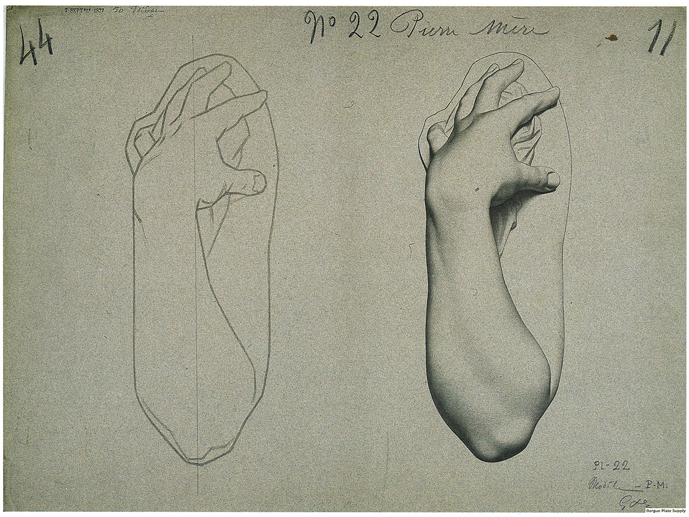 Bargue Plate 1, 22. Woman's Arm, Bent While Pressing a Piece of Drapery to Her Shoulder (Bras de femme, Ployé)