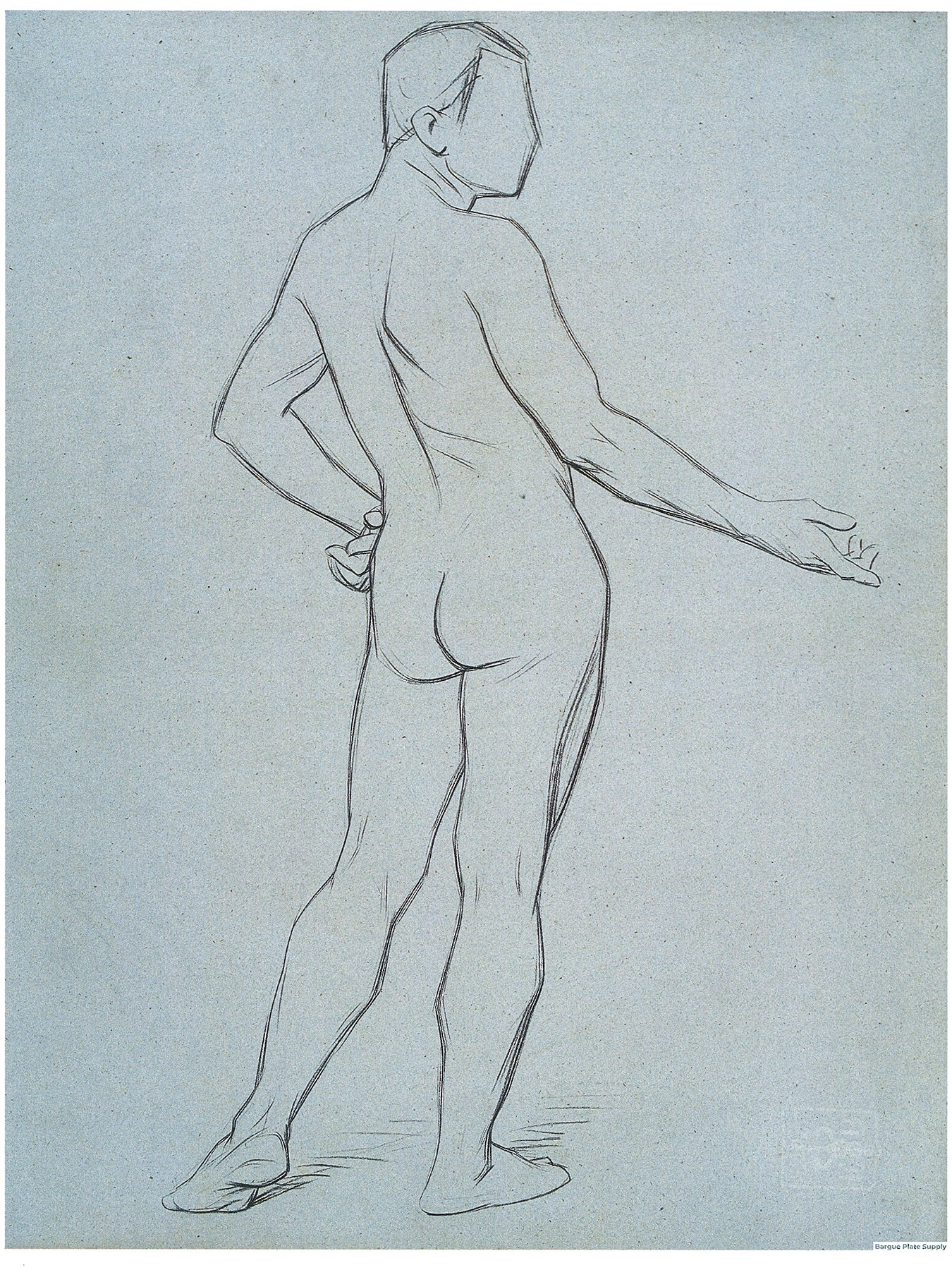 Bargue Plate 3,10. Standing man holding out his right hand, rear view. (Homme debout de dos tendant la main droite.)