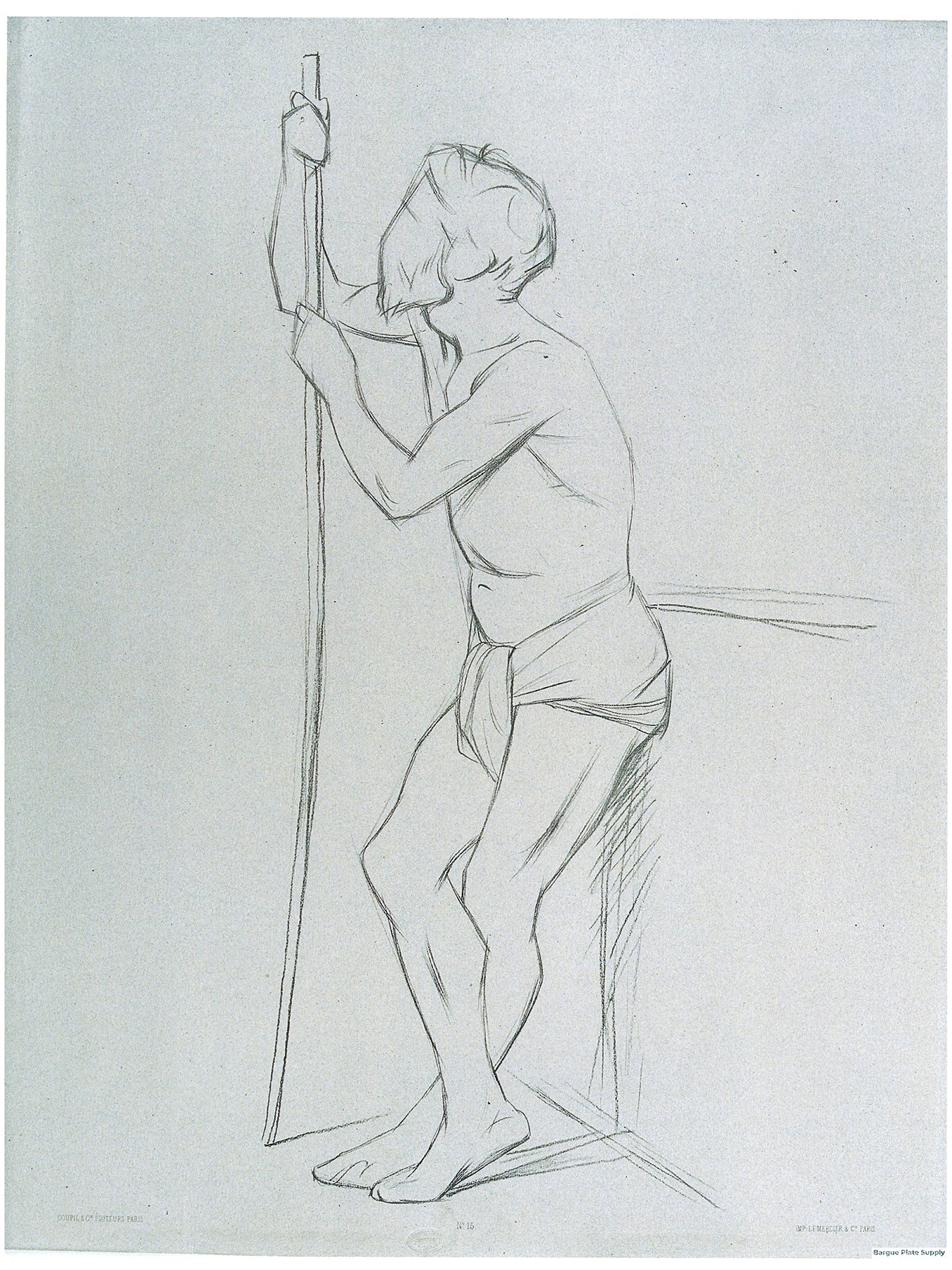 Bargue Plate 3,15. Standing older man leaning against a stand while holding a pole. (Vieil homme debout adossé à un mur tenant un bâton.)