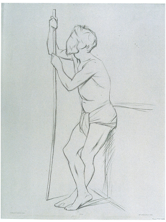 Bargue Plate 3,15. Standing older man leaning against a stand while holding a pole. (Vieil homme debout adossé à un mur tenant un bâton.)