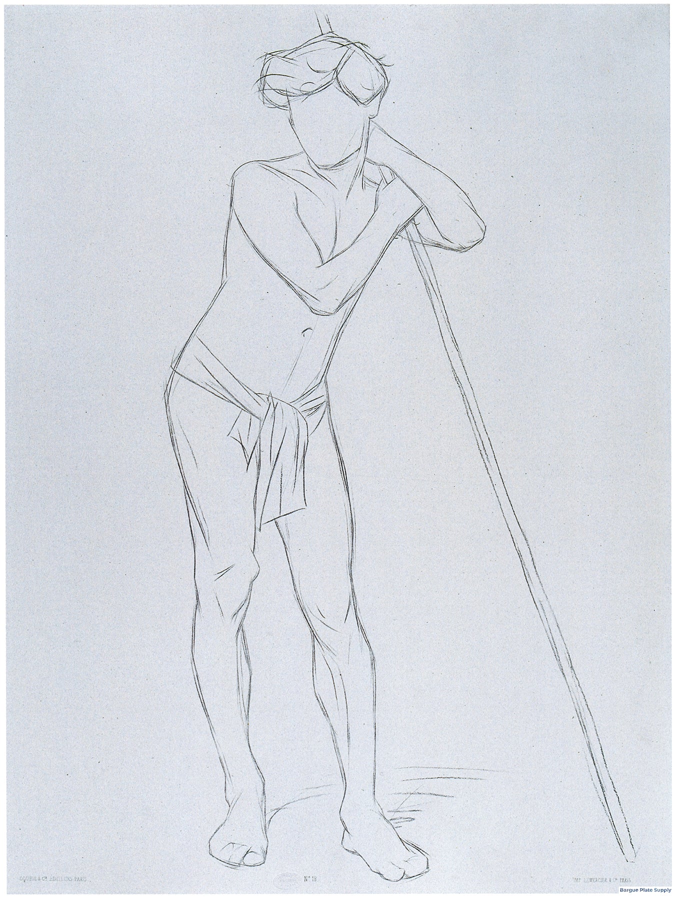 Bargue Plate 3,18. Standing young man leaning on a pole. (Jeune homme deboul appuyé sur un bâton.)