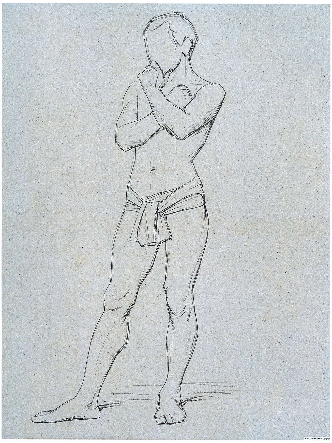 Bargue Plate 3,19. Standing young man, frontal view, with hand on chin. (Jeune homme debout de face, main sur le menton.)