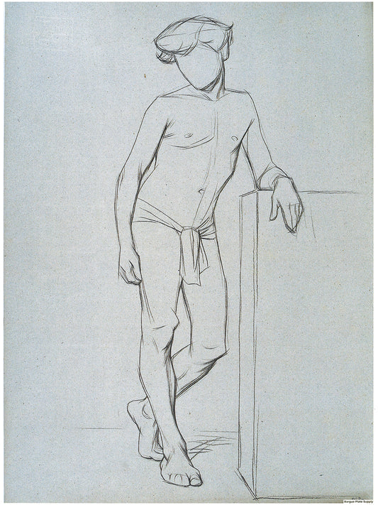 Bargue Plate 3,20. Standing young boy leaning on a stand, left leg crossed behind the right leg. (Jeune garçon debout accoudé à un mur, jambe gauche croisée derrière la droite.)