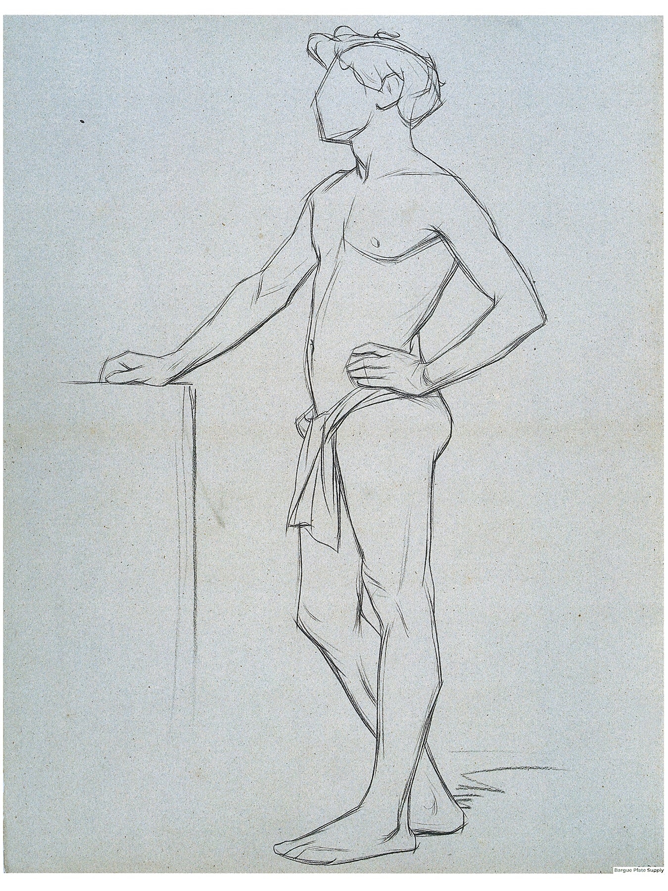 Bargue Plate 3,23. Standing man, right hand on a stand. (Homme debout, main droite posée sur un mur.)