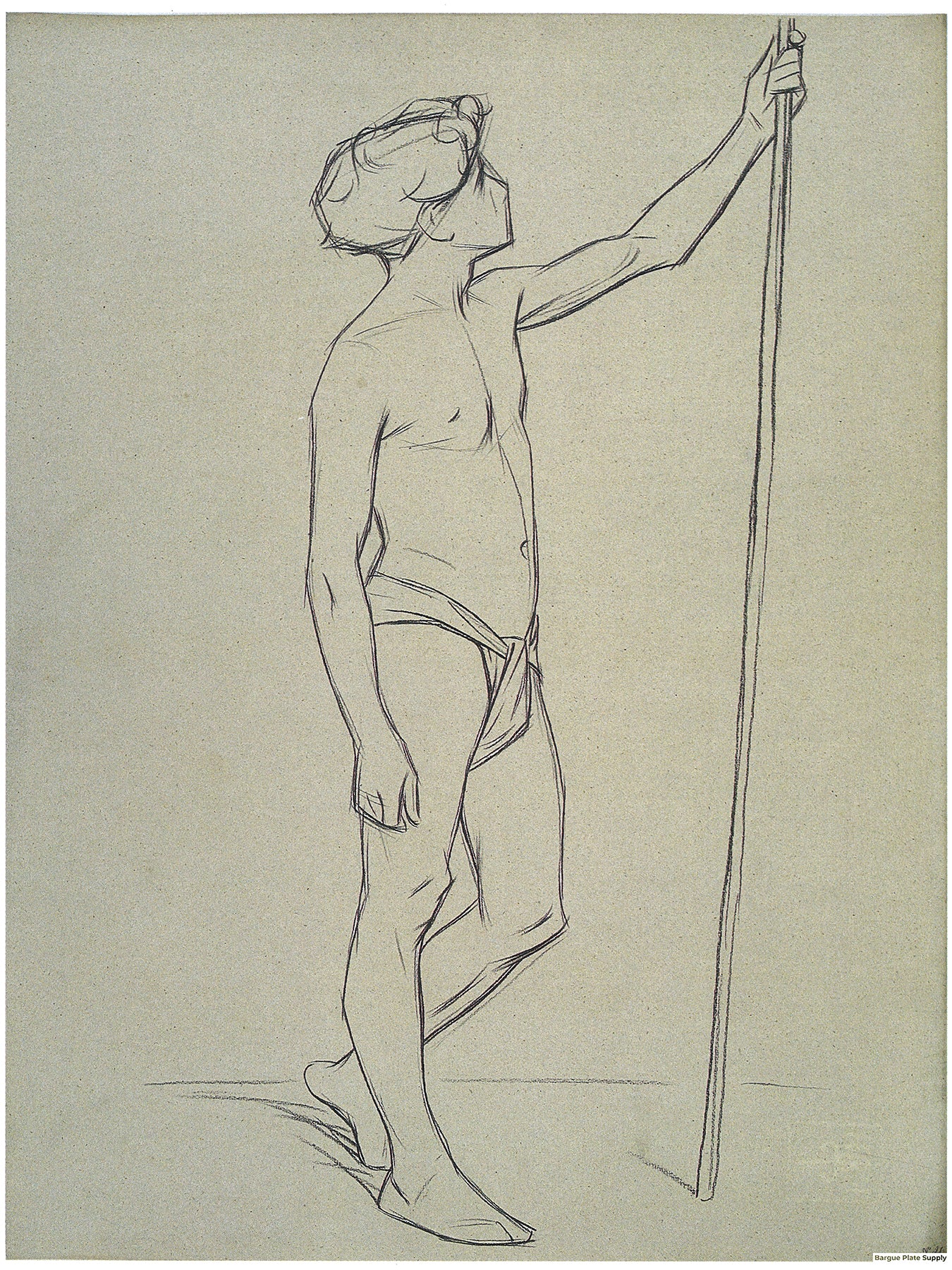 Bargue Plate 3,26. Standing young man, holding a pole in his left hand while looking at it. (Jeune garçon debout, tenant un bâton de sa main gauche et le regardant.)