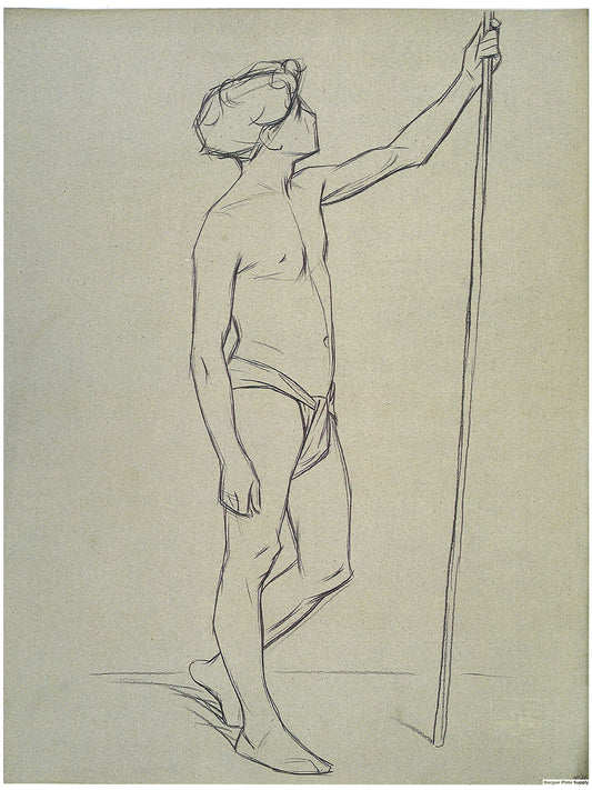 Bargue Plate 3,26. Standing young man, holding a pole in his left hand while looking at it. (Jeune garçon debout, tenant un bâton de sa main gauche et le regardant.)