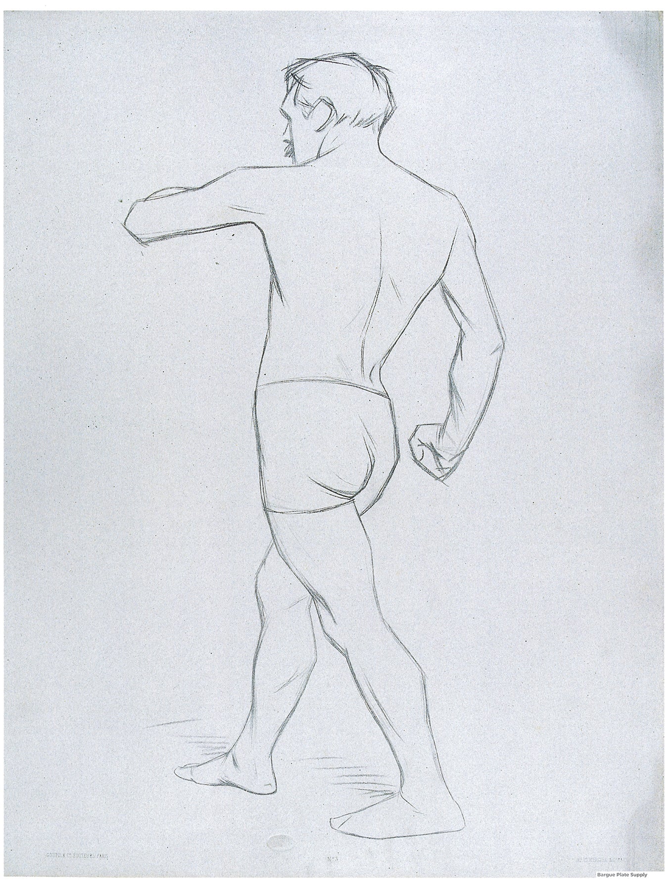 Bargue Plate 3,3. Standing man, walking, rear view. (Homme debout, marchant, de dos.)