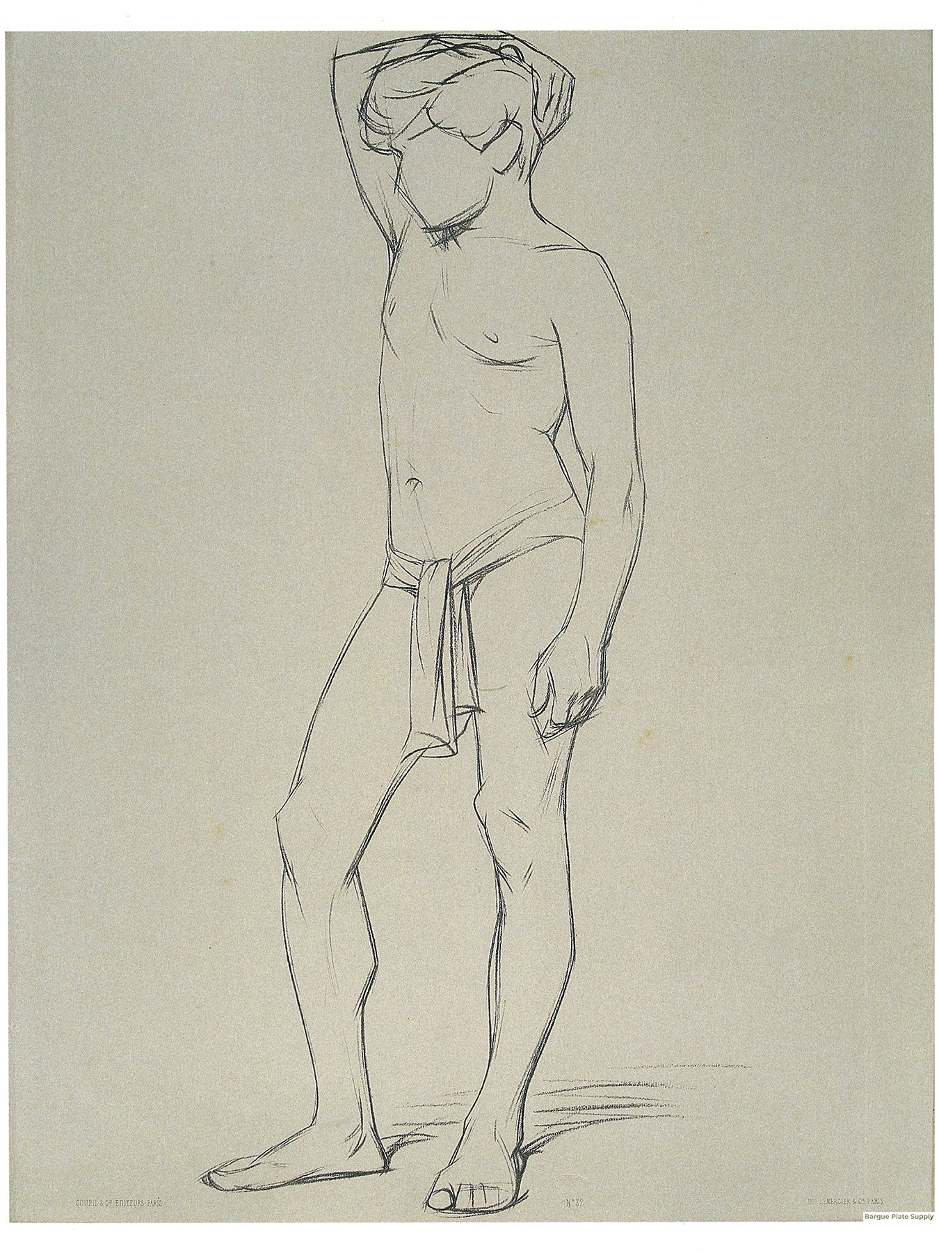 Bargue Plate 3,32. Standing young man, right arm resting on his head. (Jeune homme debout, bras droit posé sur la tête.)