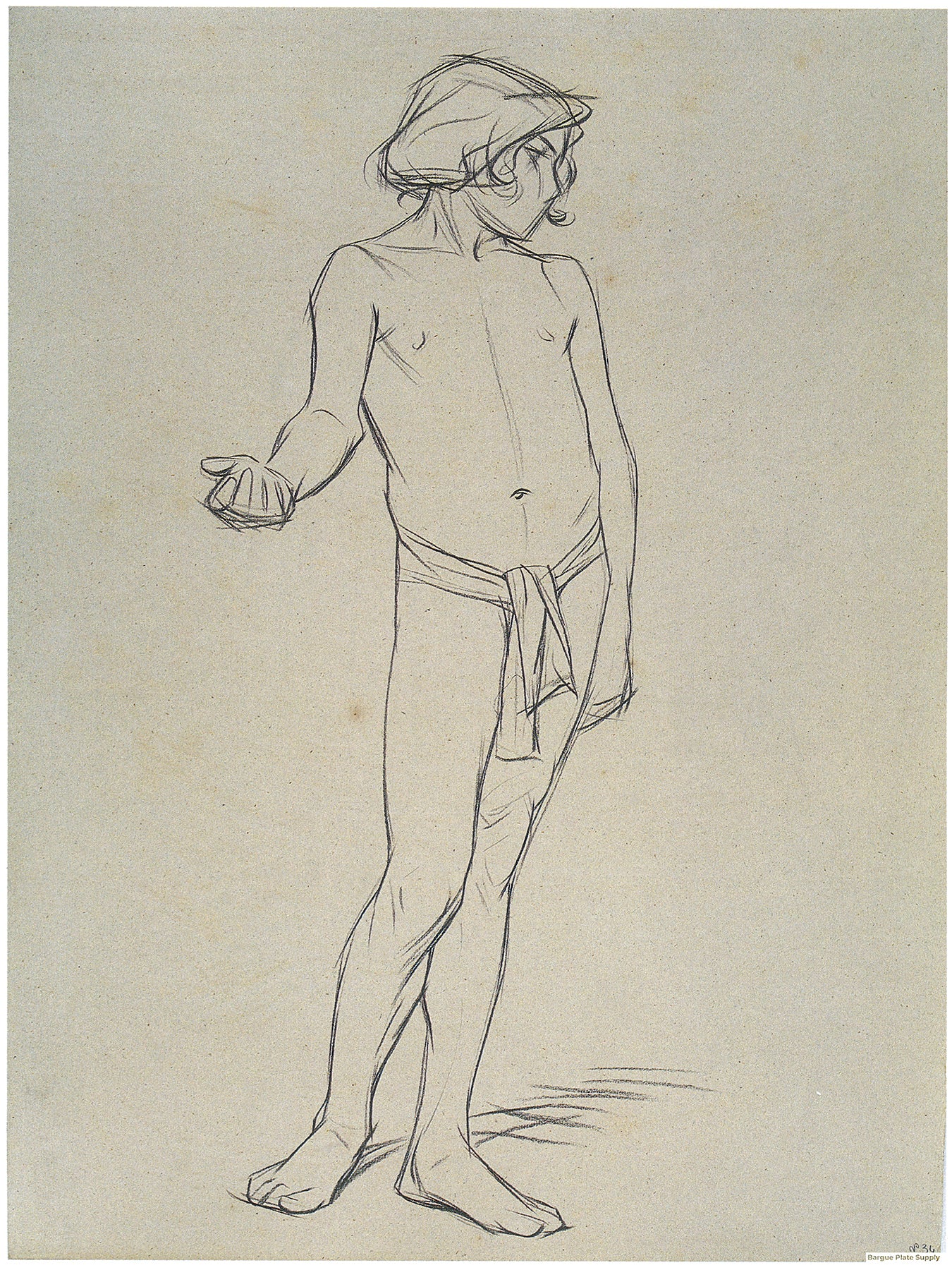 Bargue Plate 3,34. Standing young man, turning his head to the left, right hand extended. (Jeune homme debout, toumant la tête vers la gauche, main droite tendue.)