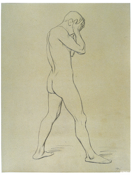 Bargue Plate 3,36. Standing man in profile, hiding his face in his hands. (Homme debout de profil, se cachant le visage dans les mains.)