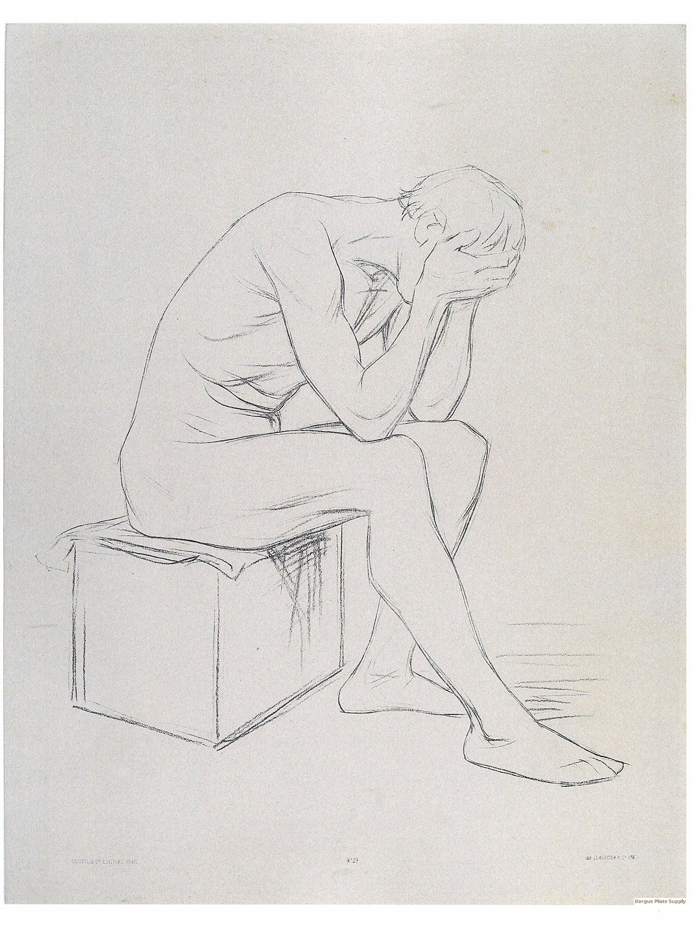 Bargue Plate 3,39. Seated man, hiding his face in his hands. (Homme assis, se cachant le visage dans les mains.)