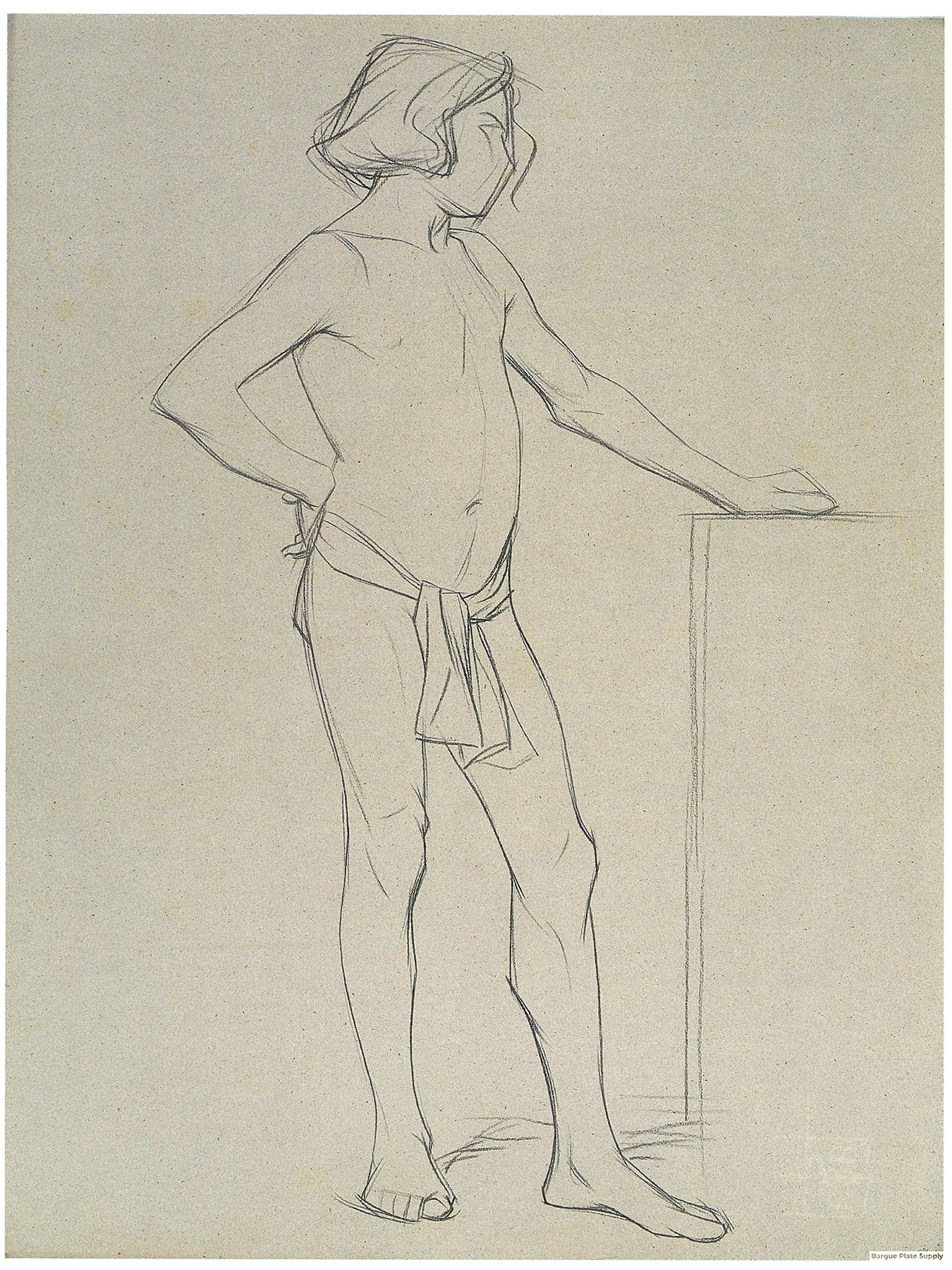 Bargue Plate 3,41. Standing young man, left hand resting on a stand, right hand akimbo. (Jeune homme debout, main gauche posée sur un mur, main droite sur les reins.)