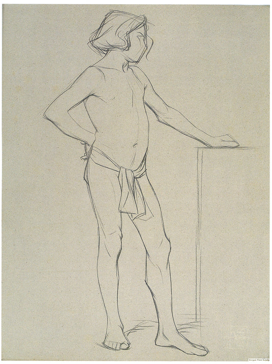 Bargue Plate 3,41. Standing young man, left hand resting on a stand, right hand akimbo. (Jeune homme debout, main gauche posée sur un mur, main droite sur les reins.)