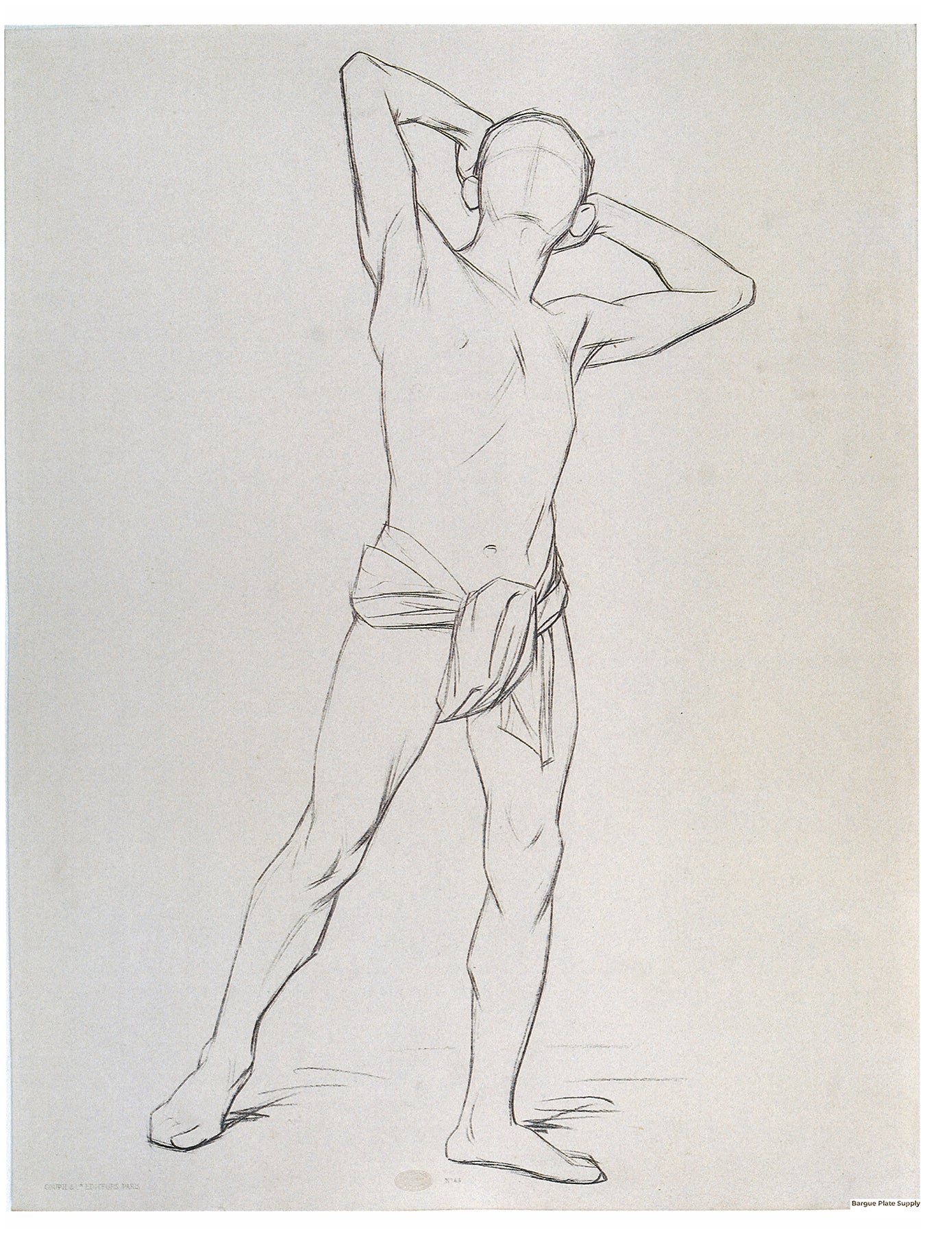 Bargue Plate 3,45. Standing man, his hands behind his head, looking up. (Homme debout, mains derrière la tête, visage en haut.)