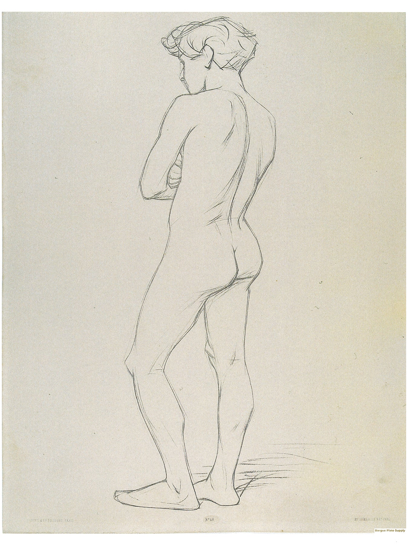 Bargue Plate 3,48. Standing young man, three-quarter rear view, crossed arms. (Jeune homme debout, trois quarts de dos, bras croisés.)