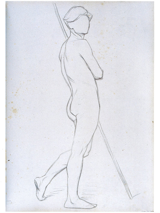 Bargue Plate 3,6. Standing young man, leaning on a pole, left leg set back, side view. (Jeune homme debout, de côté, appuyé sur un bâton, jambe gauche en arrière.)