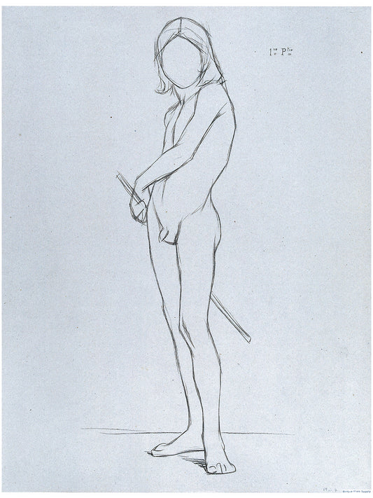 Bargue Plate 3,7. Standing young man holding a pole behind himself in his left hand. (Jeune homme debout tenant un bâton de la main gauche derrière lui.)