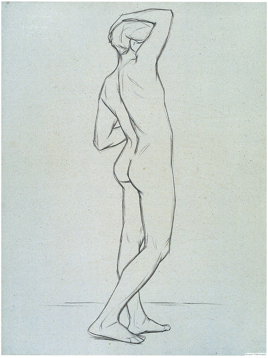 Bargue Plate 3,8. Standing young man, right hand on his head, rear view. (Jeune homme debout de dos, main droite sur la tête.)