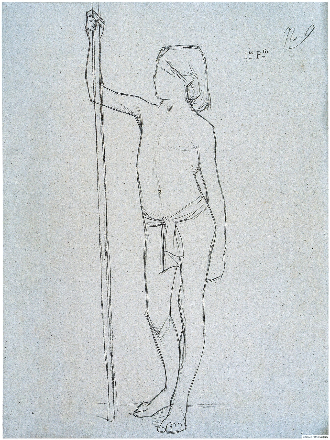 Bargue Plate 3,9. Standing young boy holding a pole, head turned toward the pole. (Jeune garçon debout tenant un bâton, tête tournée vers le bâton.)