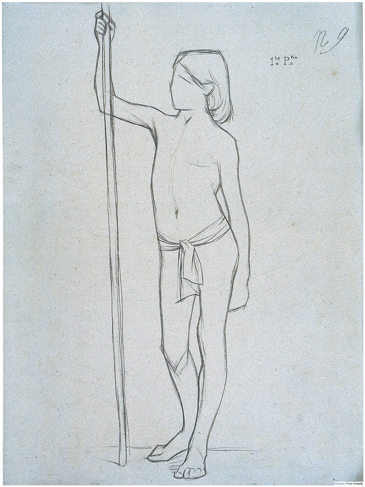 Bargue Plate 3,9. Standing young boy holding a pole, head turned toward the pole. (Jeune garçon debout tenant un bâton, tête tournée vers le bâton.)